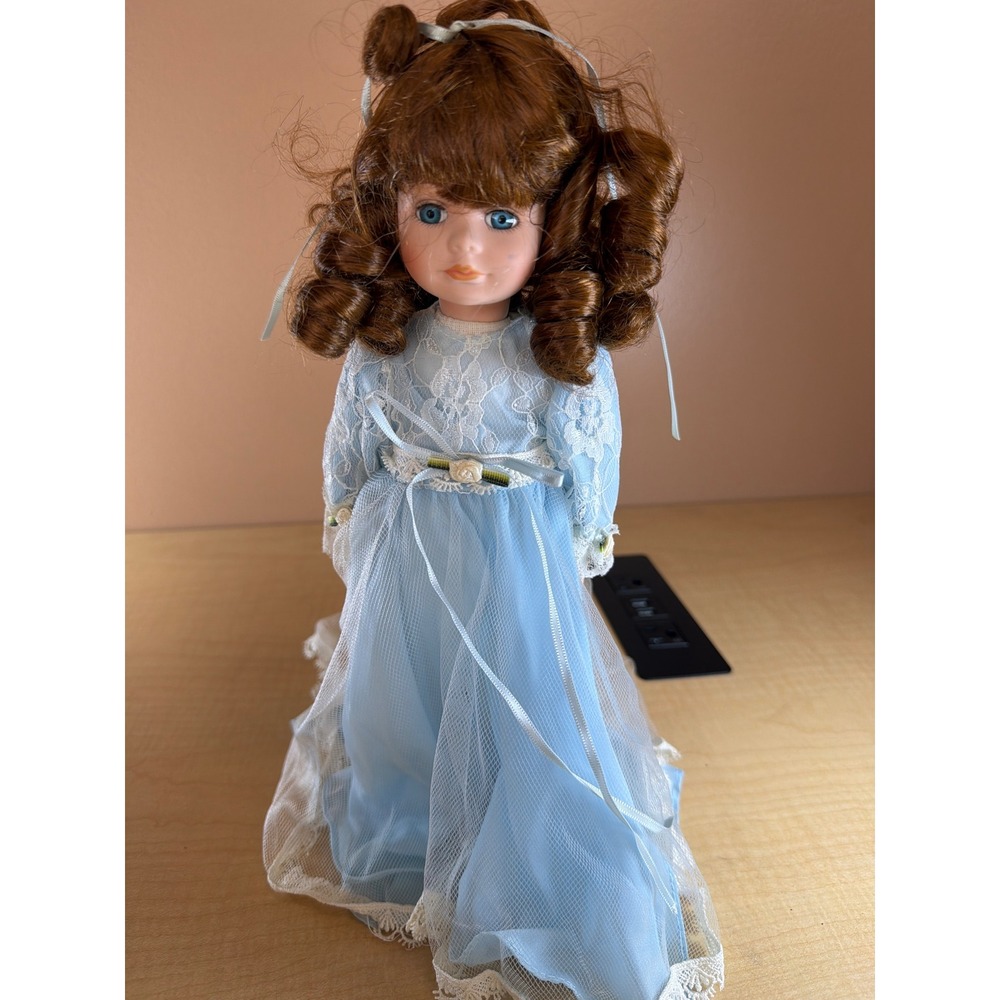 Vintage Porcelain Collector Doll Auburn Curls Blue Lace Dress 12 Inch Victorian